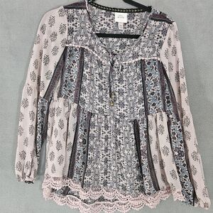 Knox Rose Womens XS Cottagecore Sheer Shirt Vneck Paisley Boho Oversized Multico